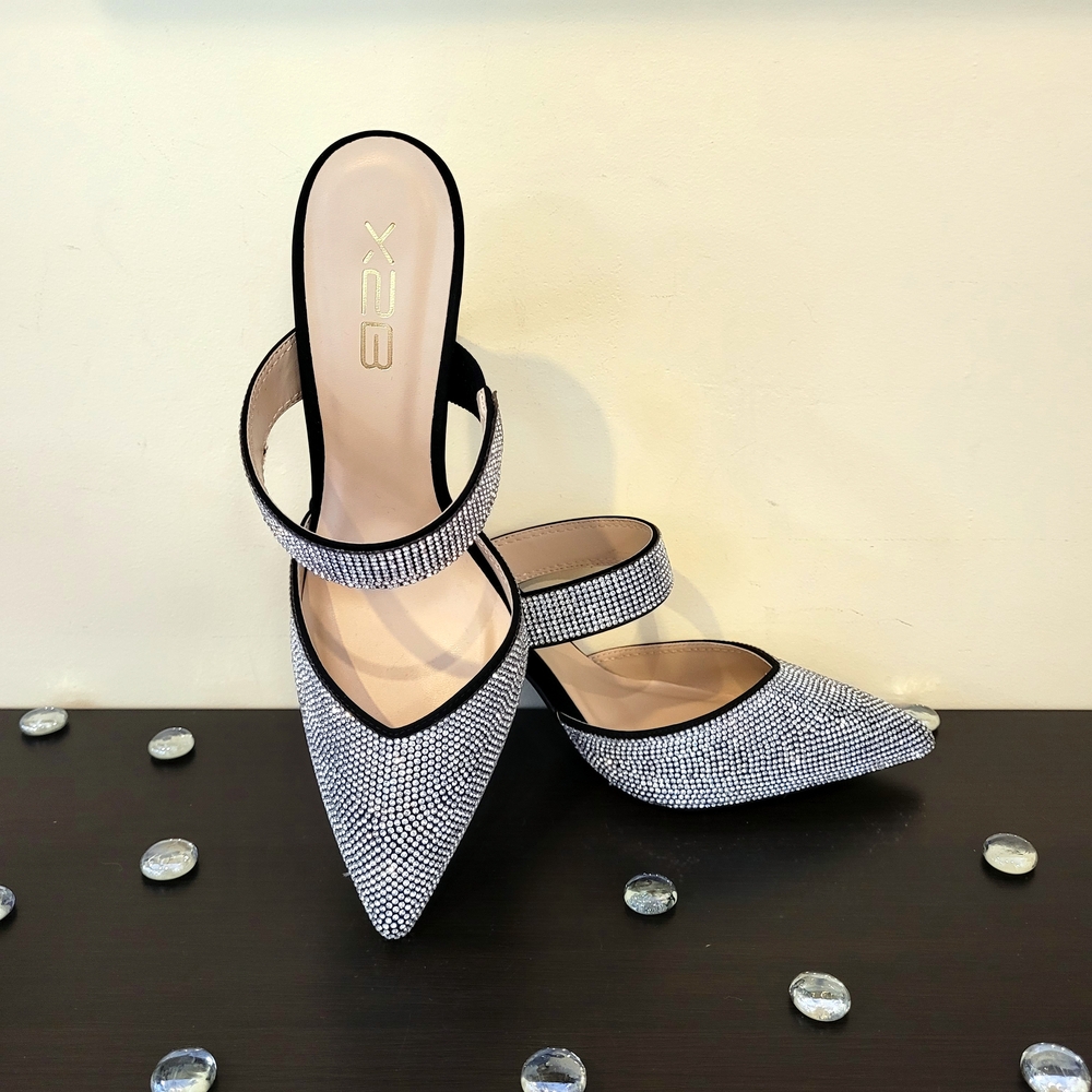 X2B Silver Bling Embellished Black Heels